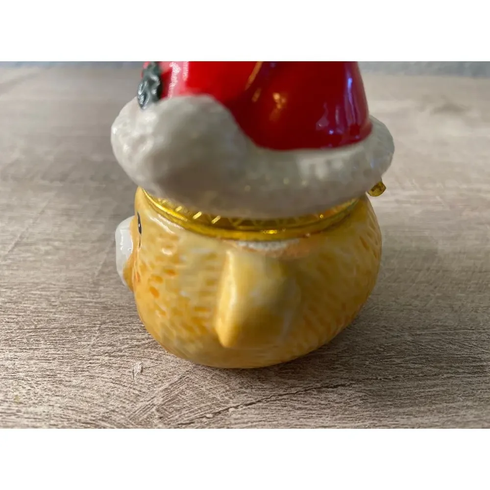 Miniature Ceramic Bear Wearing Christmas Hat Trinket Box / Jewelry Box